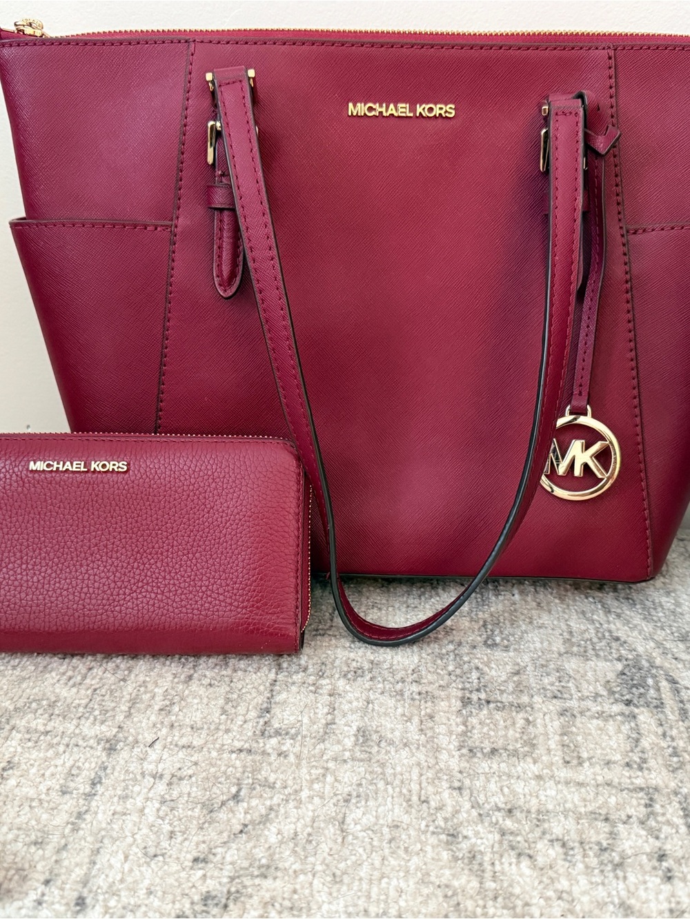 Michael Kors Jet Set Burgundy Saffiano Leather Tote & Wallet Set